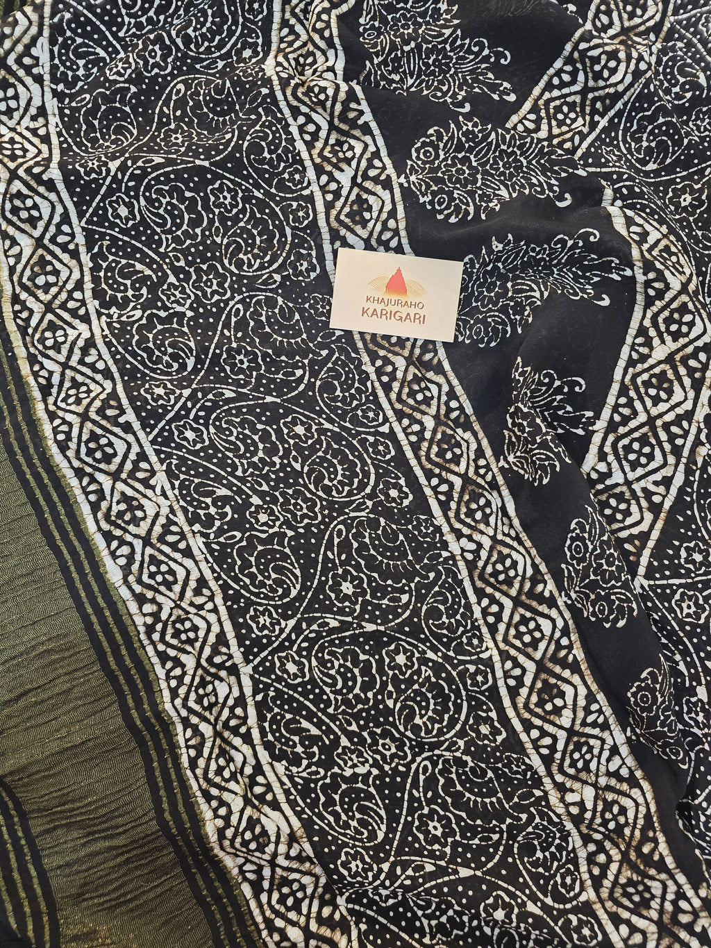 Hand Batik Printed Chinon Saree with Blouse Piece - Black