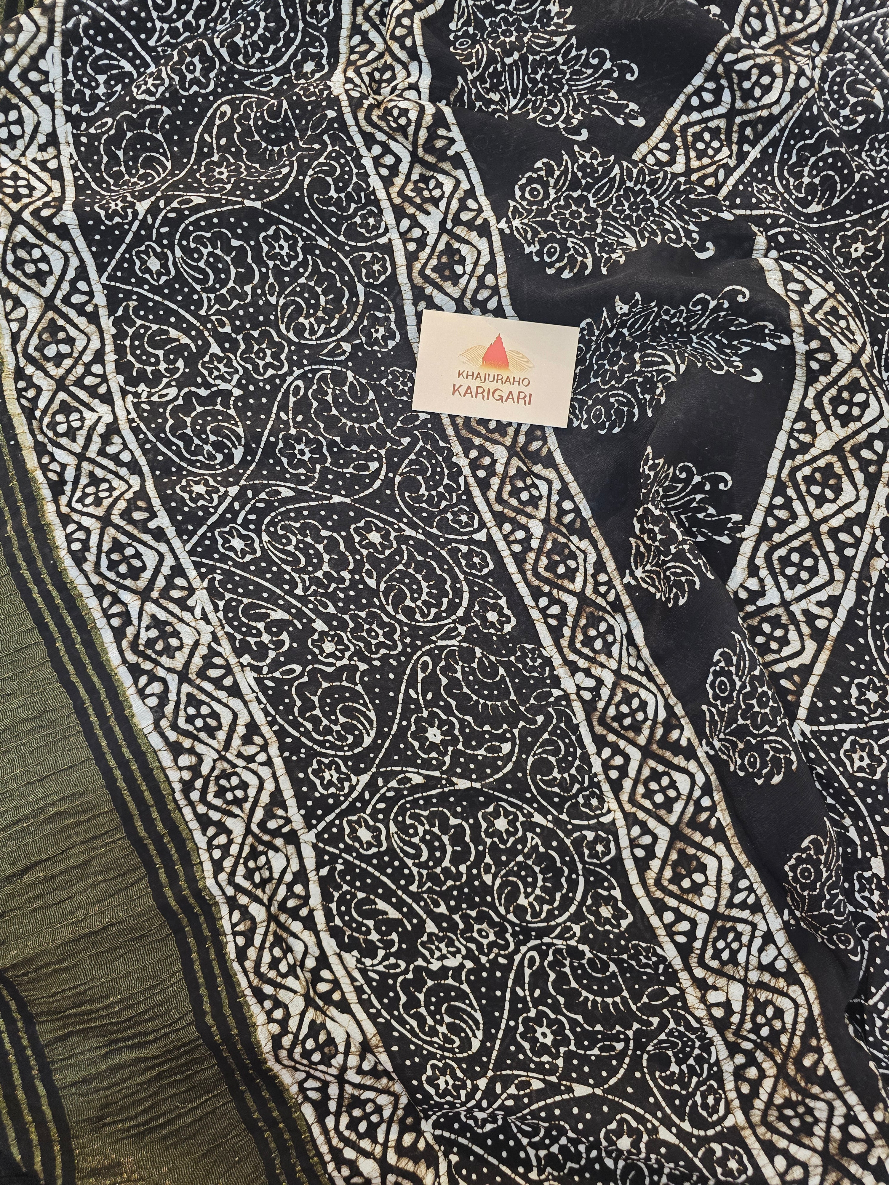 Hand Batik Printed Chinon Saree with Blouse Piece - Black