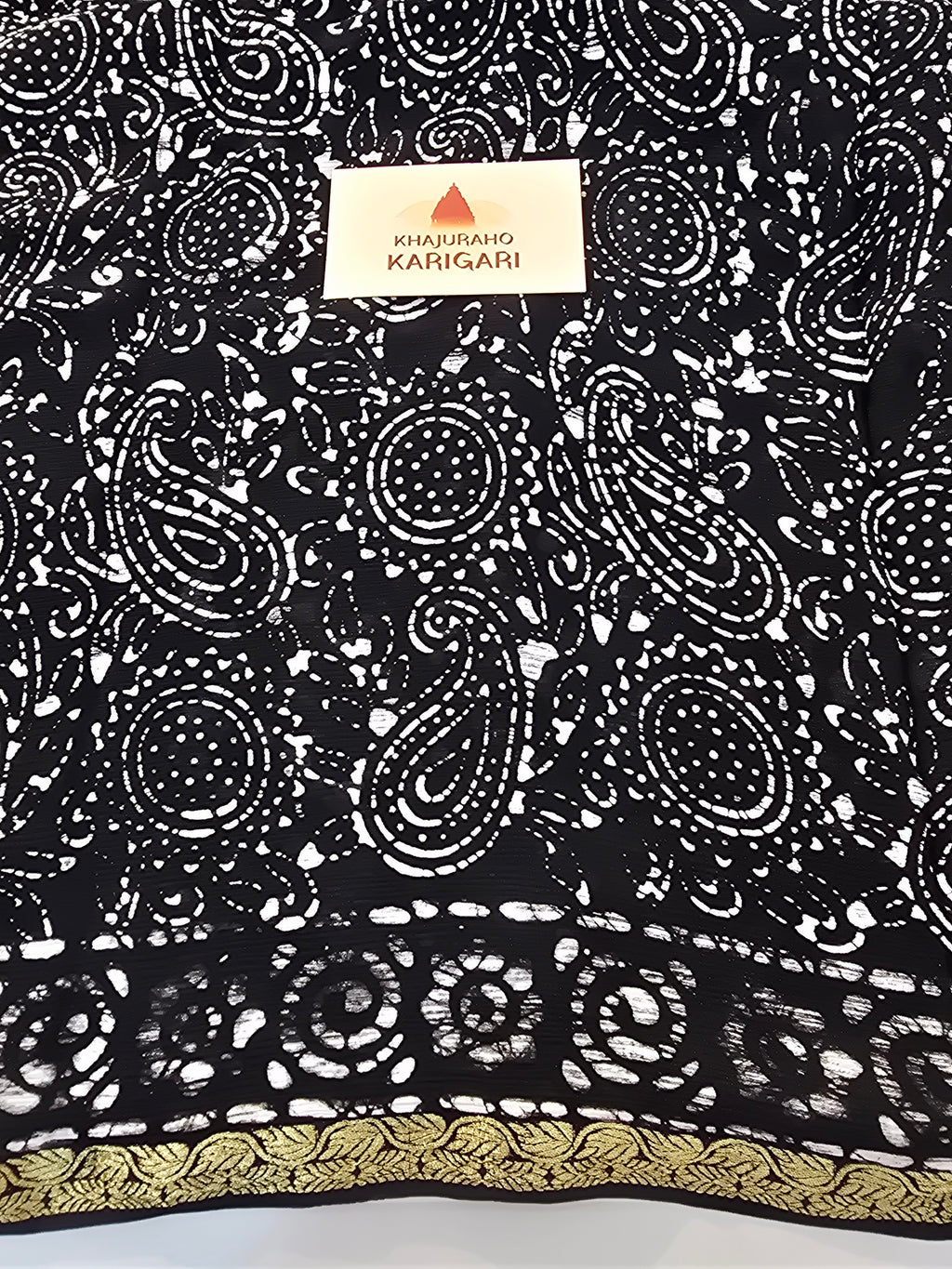 Hand Batik Printed Chinon Saree with Blouse Piece - Black