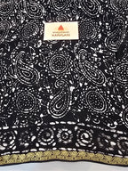 Hand Batik Printed Chinon Saree with Blouse Piece - Black