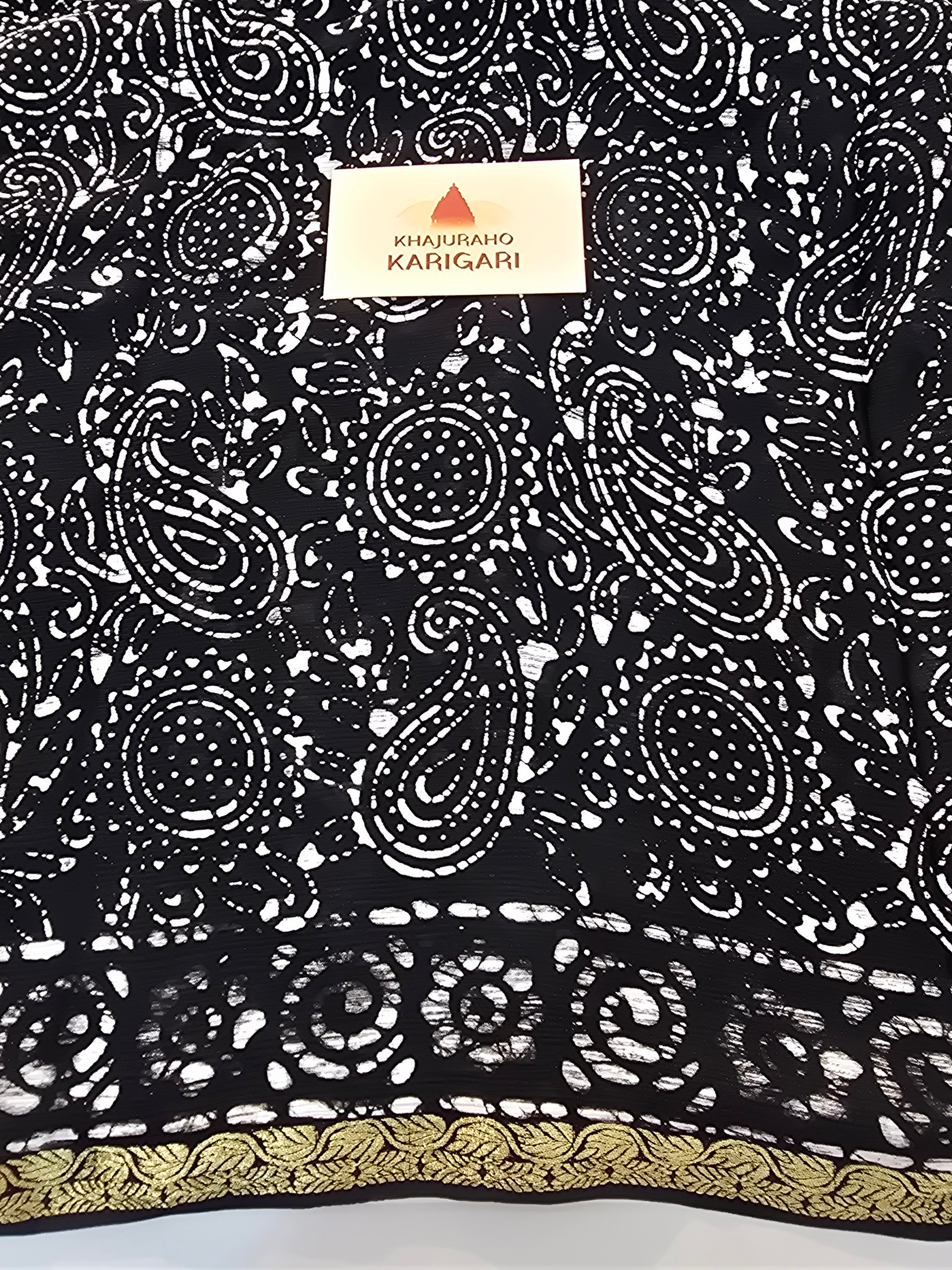 Hand Batik Printed Chinon Saree with Blouse Piece - Black