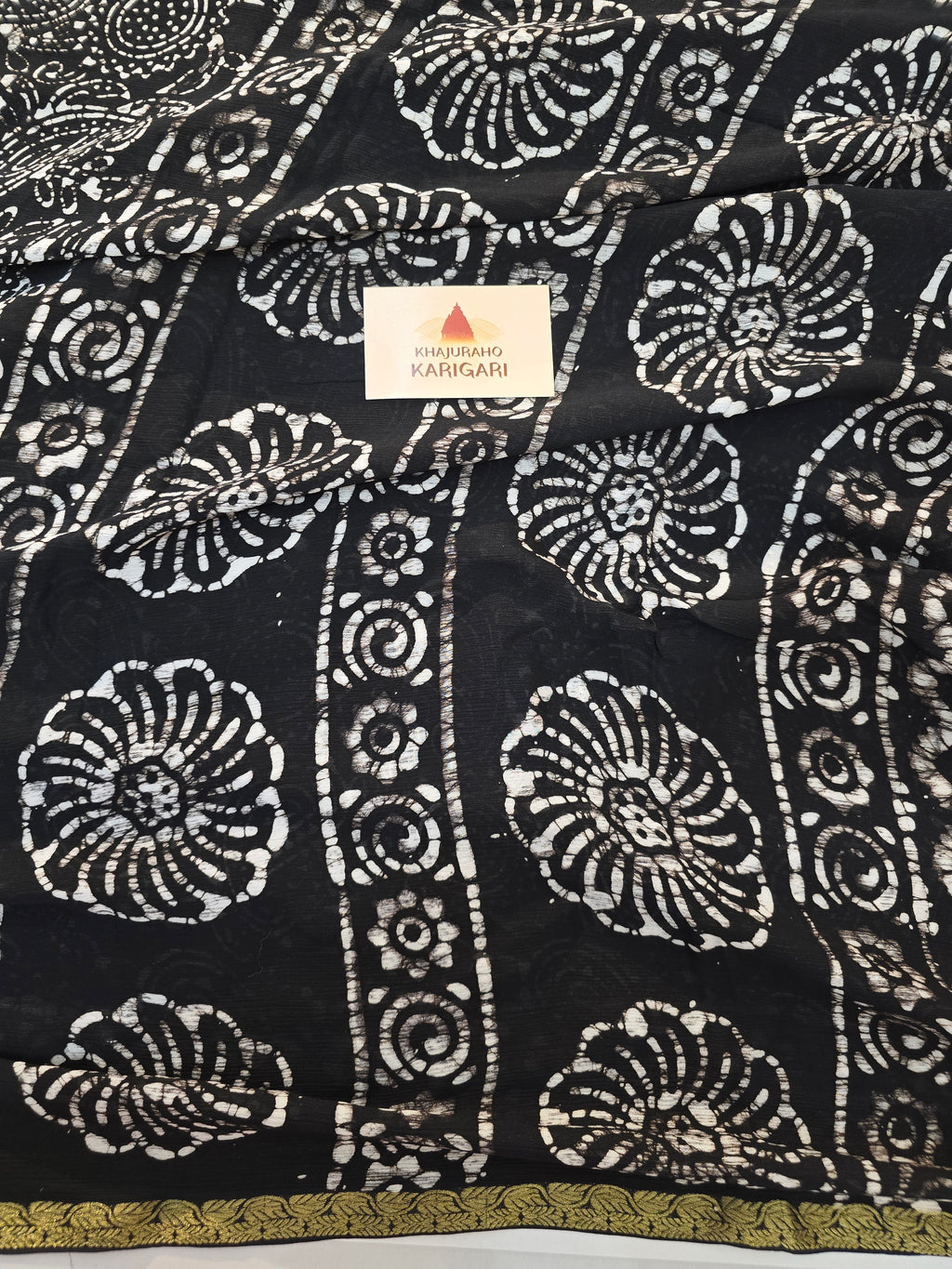 Hand Batik Printed Chinon Saree with Blouse Piece - Black