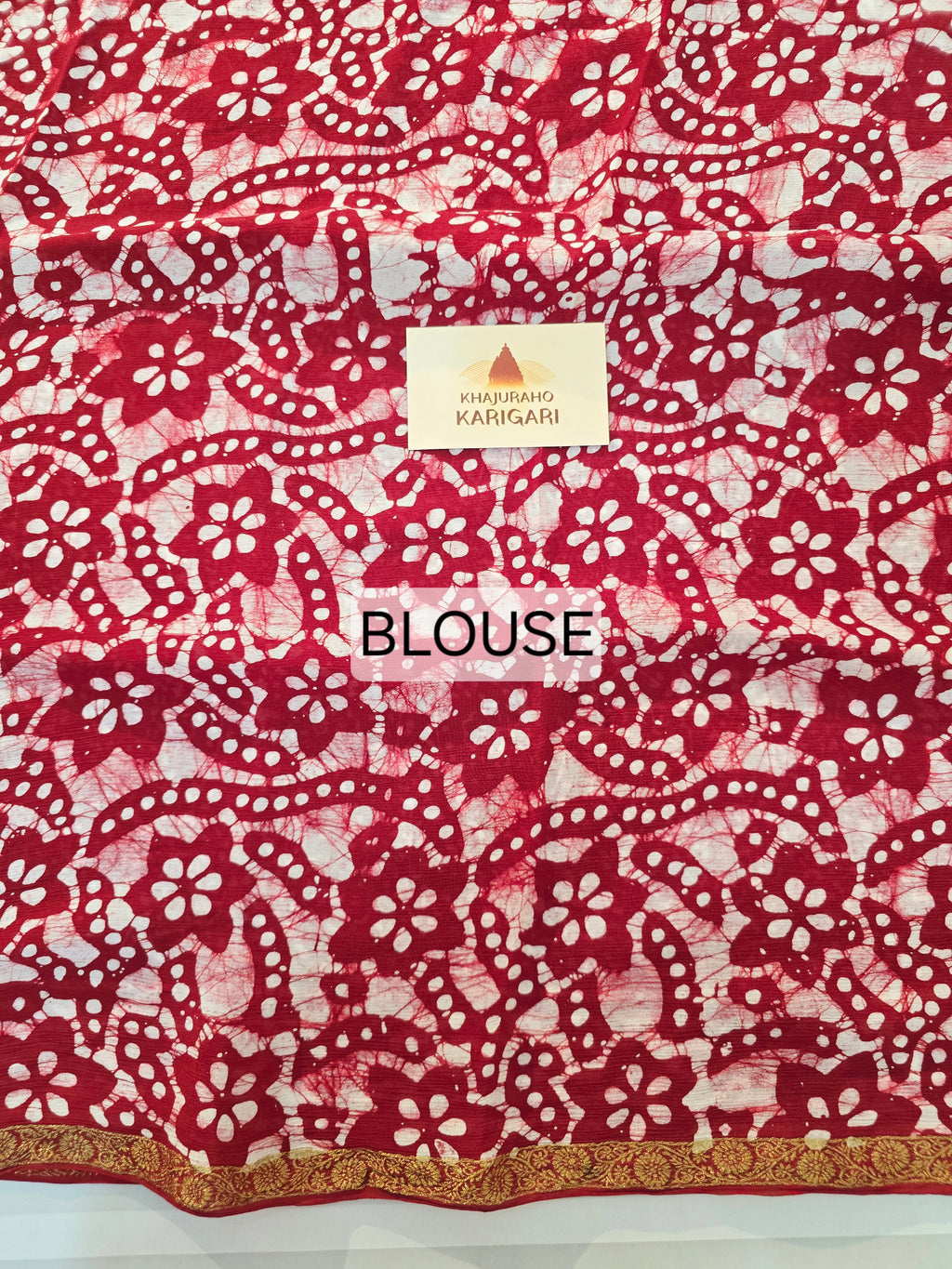 Hand Batik Printed Chinon Saree with Blouse Piece - Red