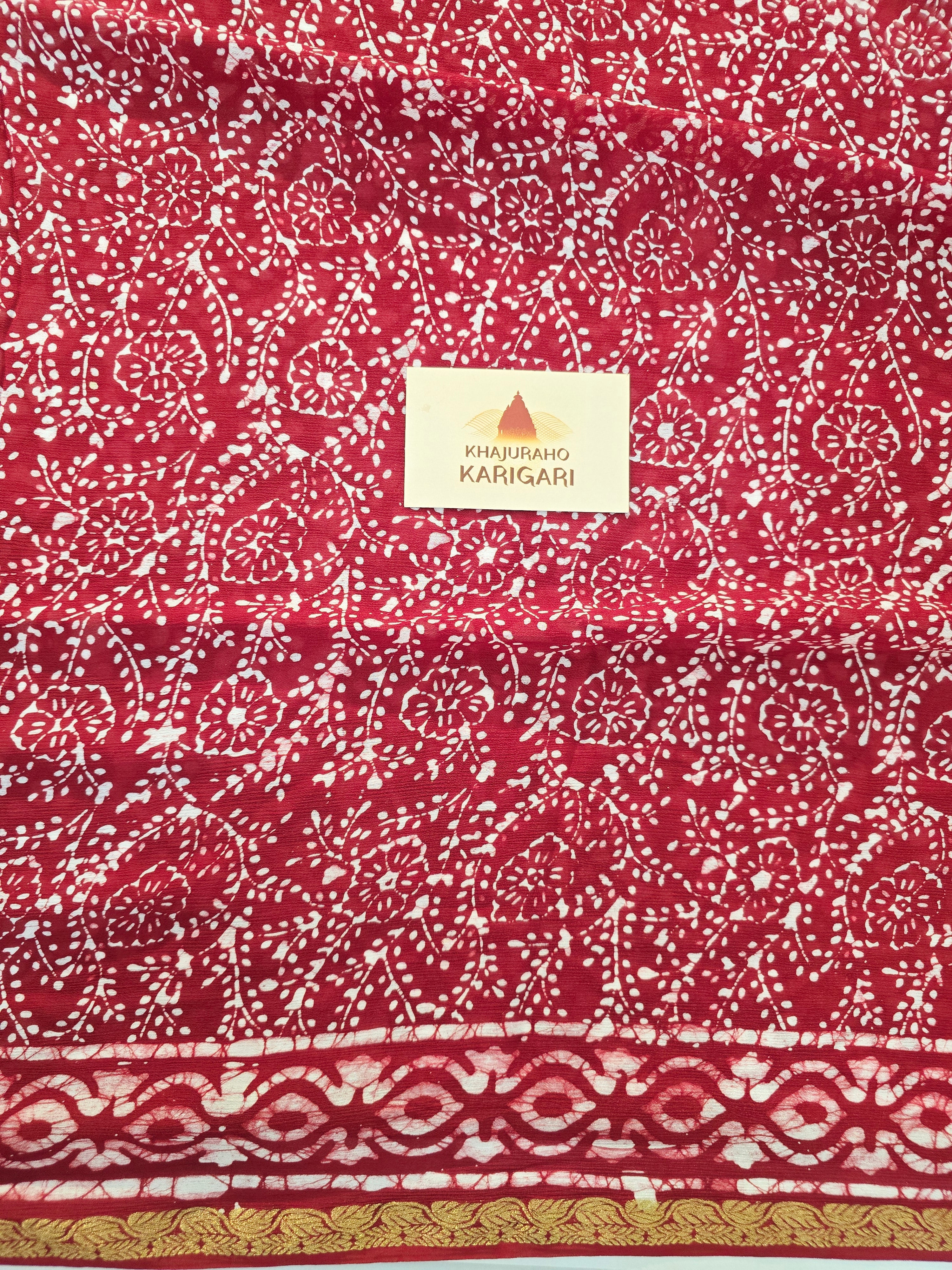 Hand Batik Printed Chinon Saree with Blouse Piece - Red