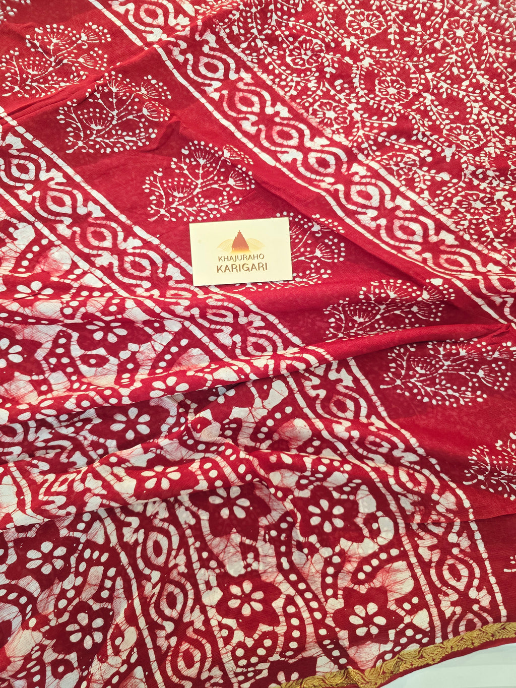 Hand Batik Printed Chinon Saree with Blouse Piece - Red