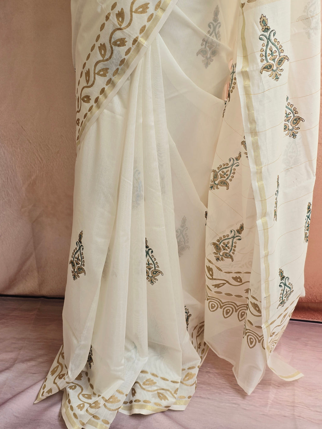 Hand Block Printed Chanderi Silk Cotton Saree with Gold Zari Border – Gold & Green