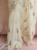 Hand Block Printed Chanderi Silk Cotton Saree with Gold Zari Border – Gold & Green