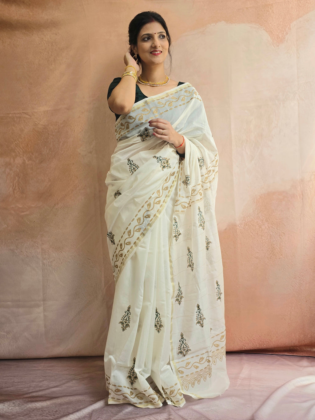 Hand Block Printed Chanderi Silk Cotton Saree with Gold Zari Border – Gold & Green
