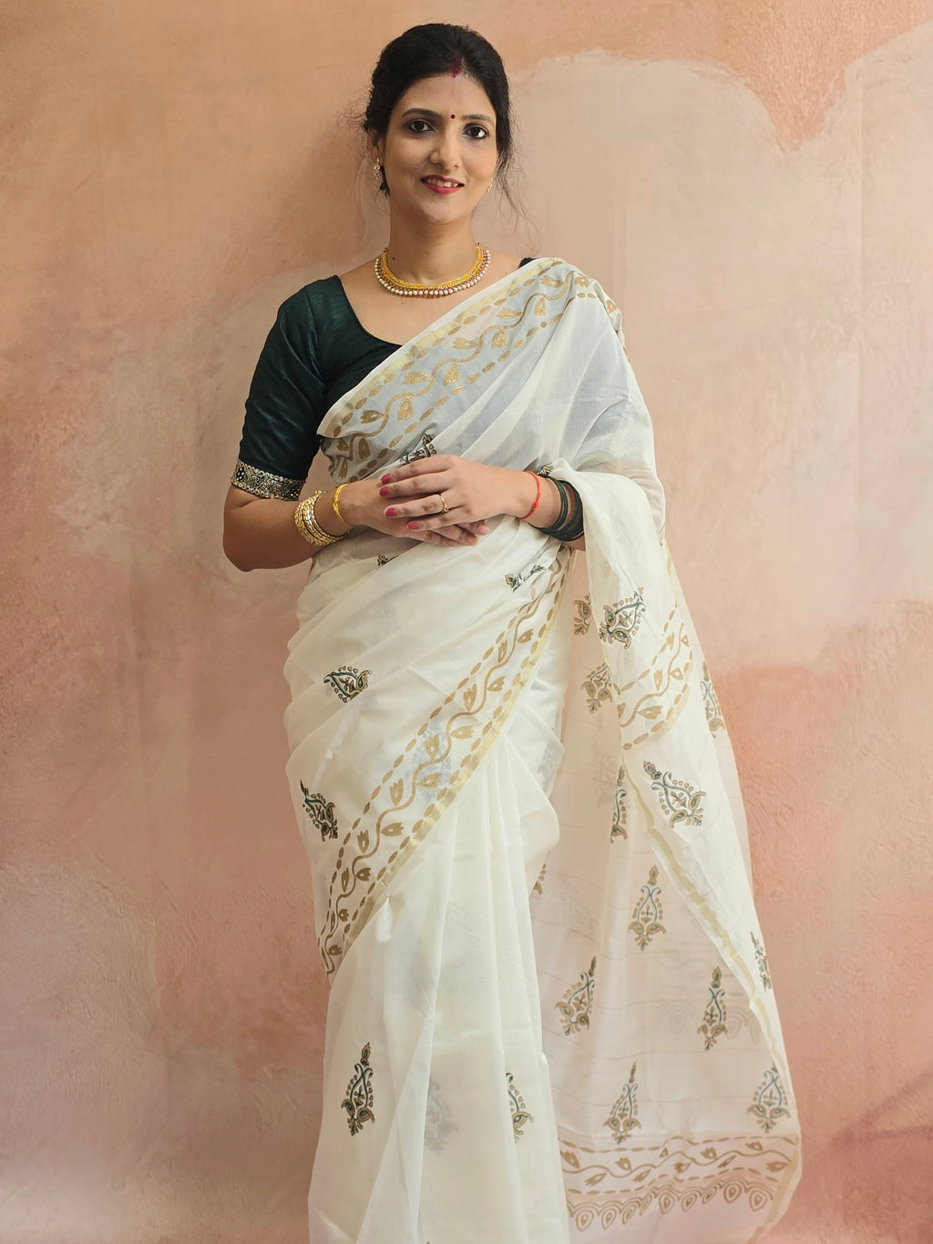 Hand Block Printed Chanderi Silk Cotton Saree with Gold Zari Border – Gold & Green