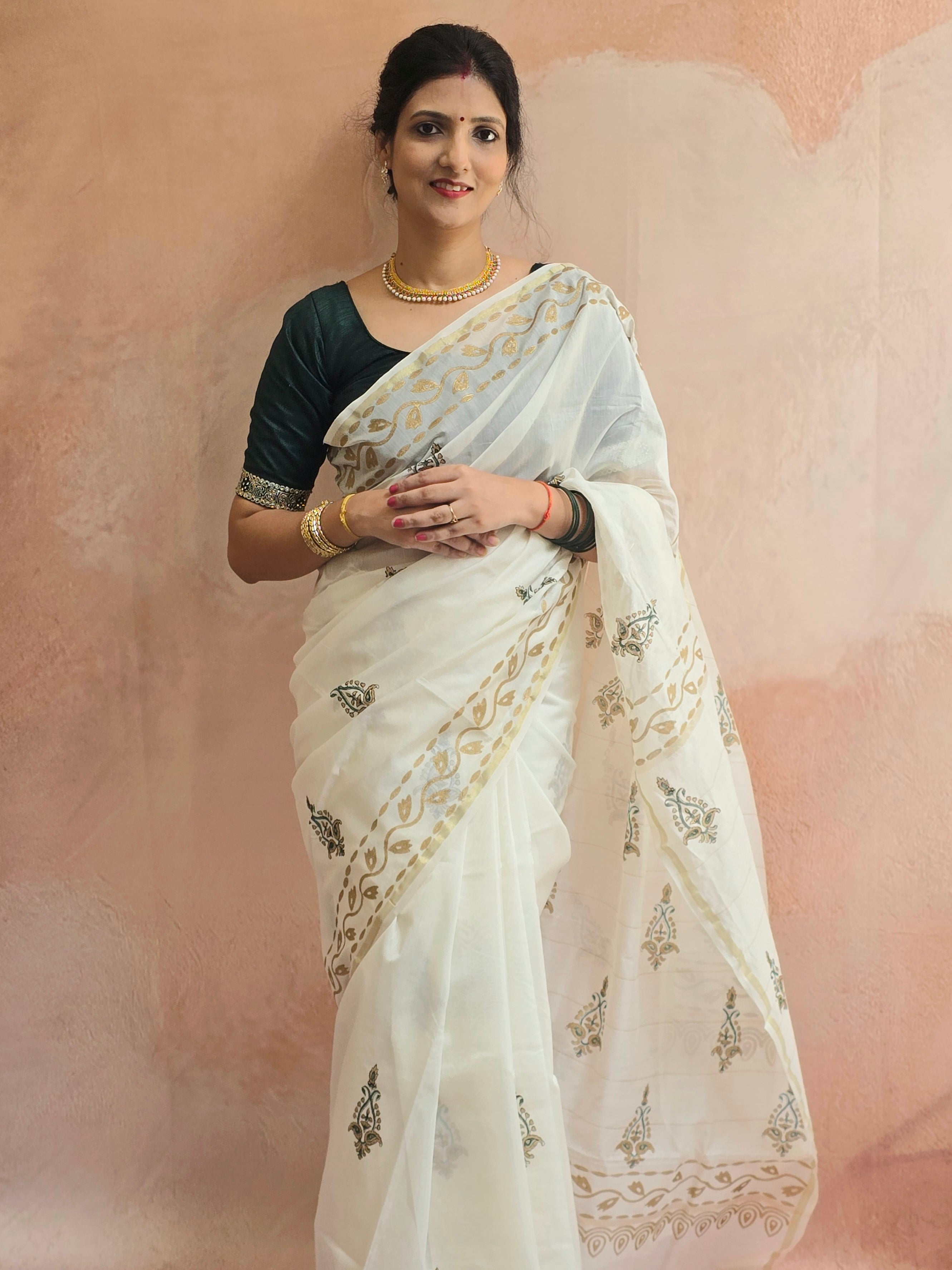Hand Block Printed Chanderi Silk Cotton Saree with Gold Zari Border – Gold & Green
