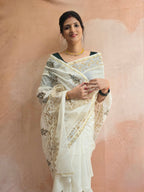 Hand Block Printed Chanderi Silk Cotton Saree with Gold Zari Border – Gold & Green