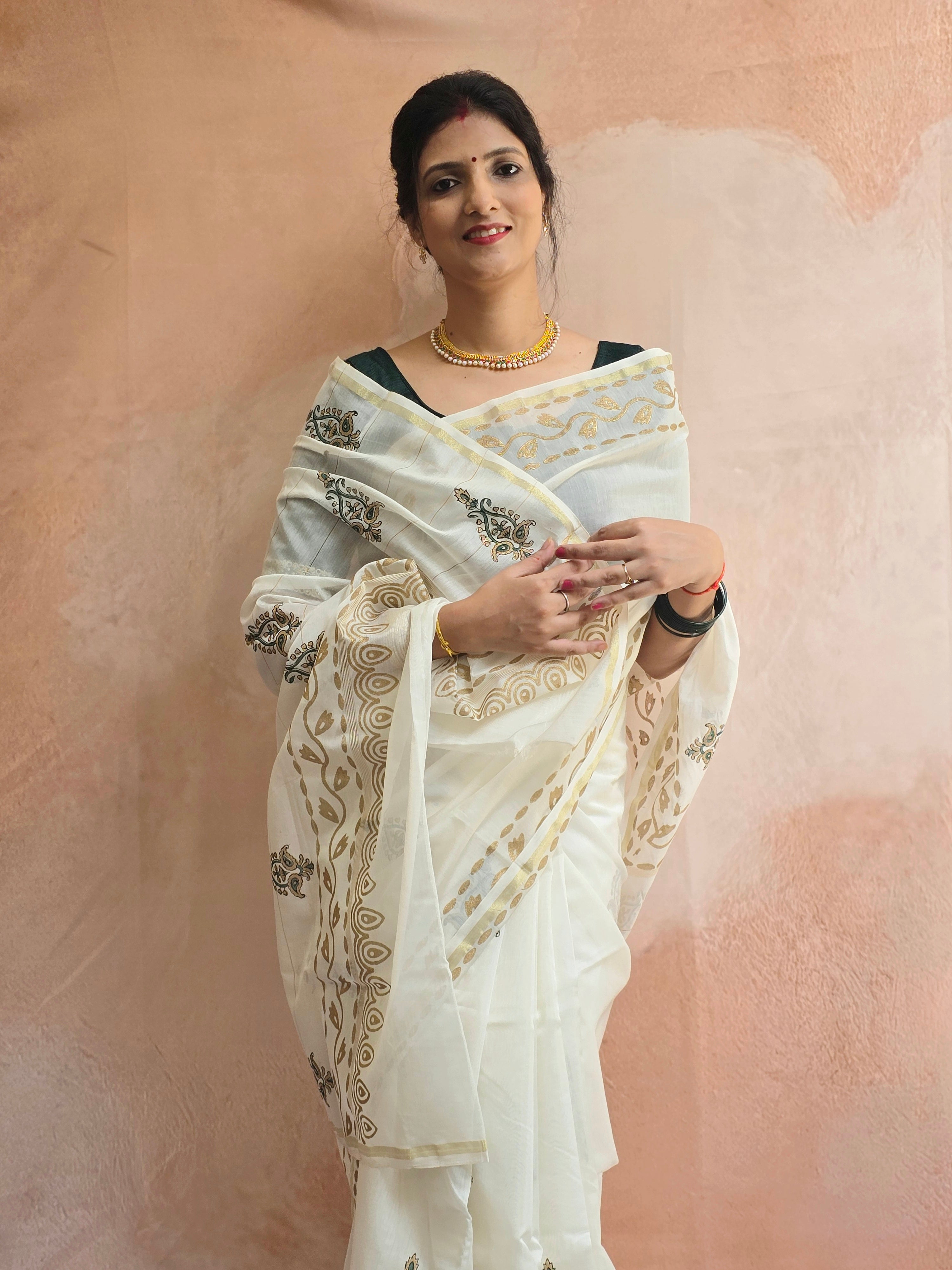 Hand Block Printed Chanderi Silk Cotton Saree with Gold Zari Border – Gold & Green