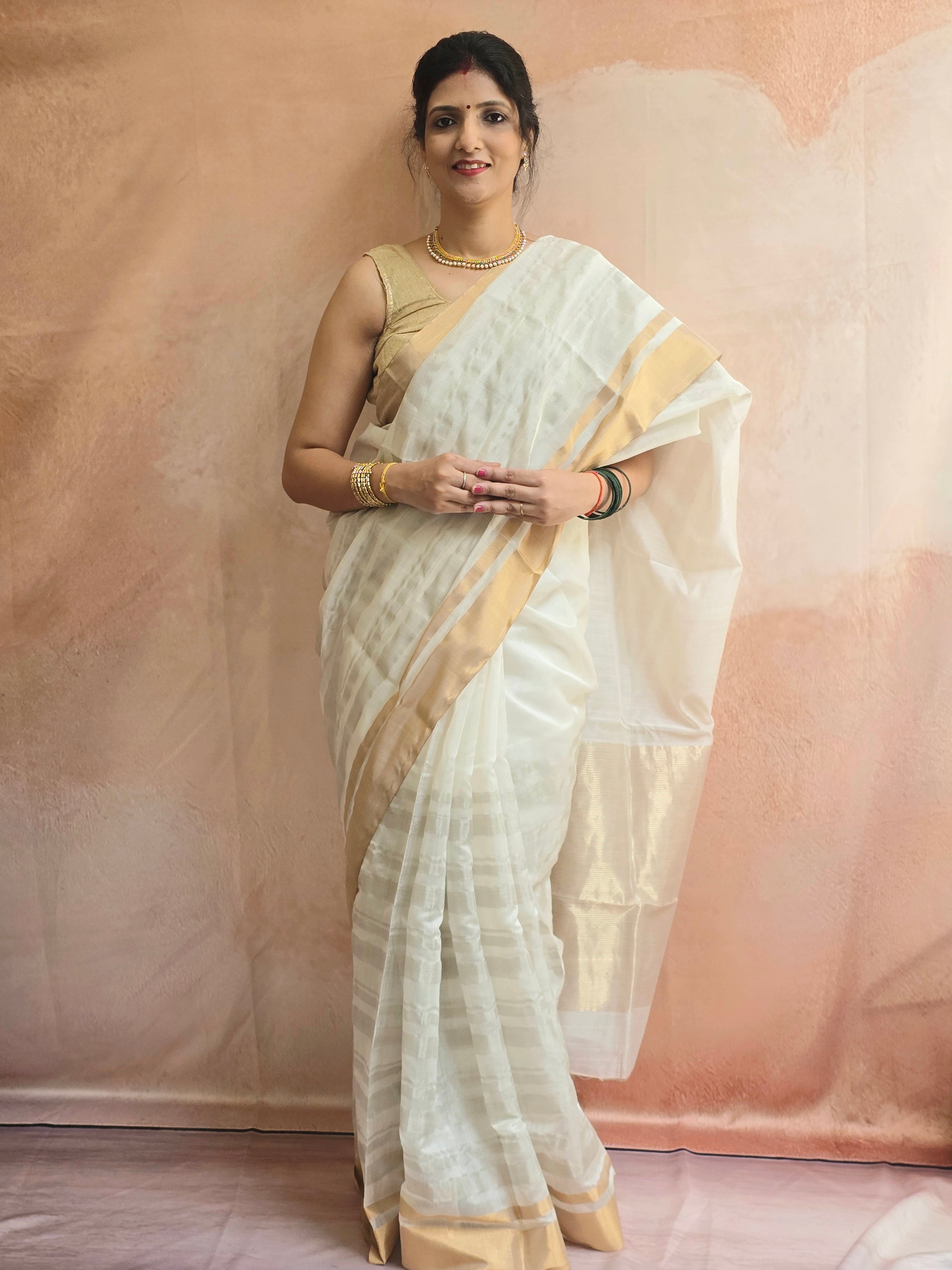 Pure handwoven Chanderi silver zari stripes white