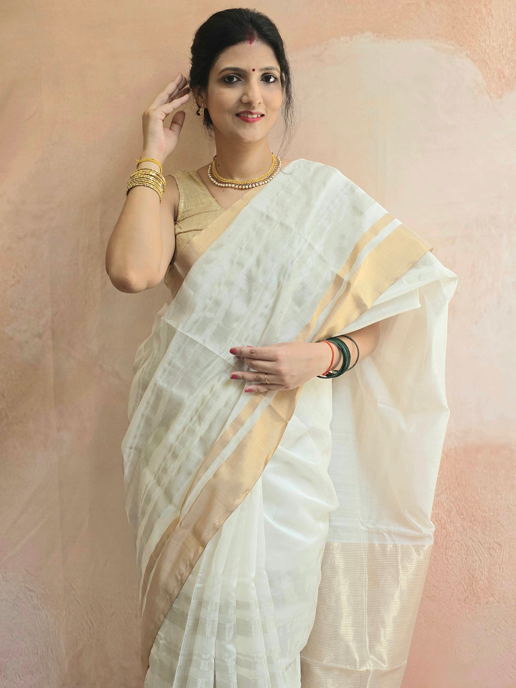 Pure handwoven Chanderi silver zari stripes white