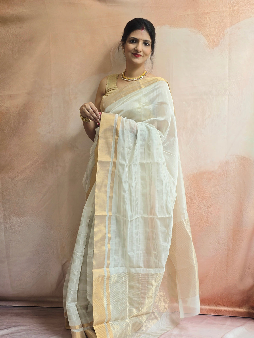 Pure handwoven Chanderi silver zari stripes white