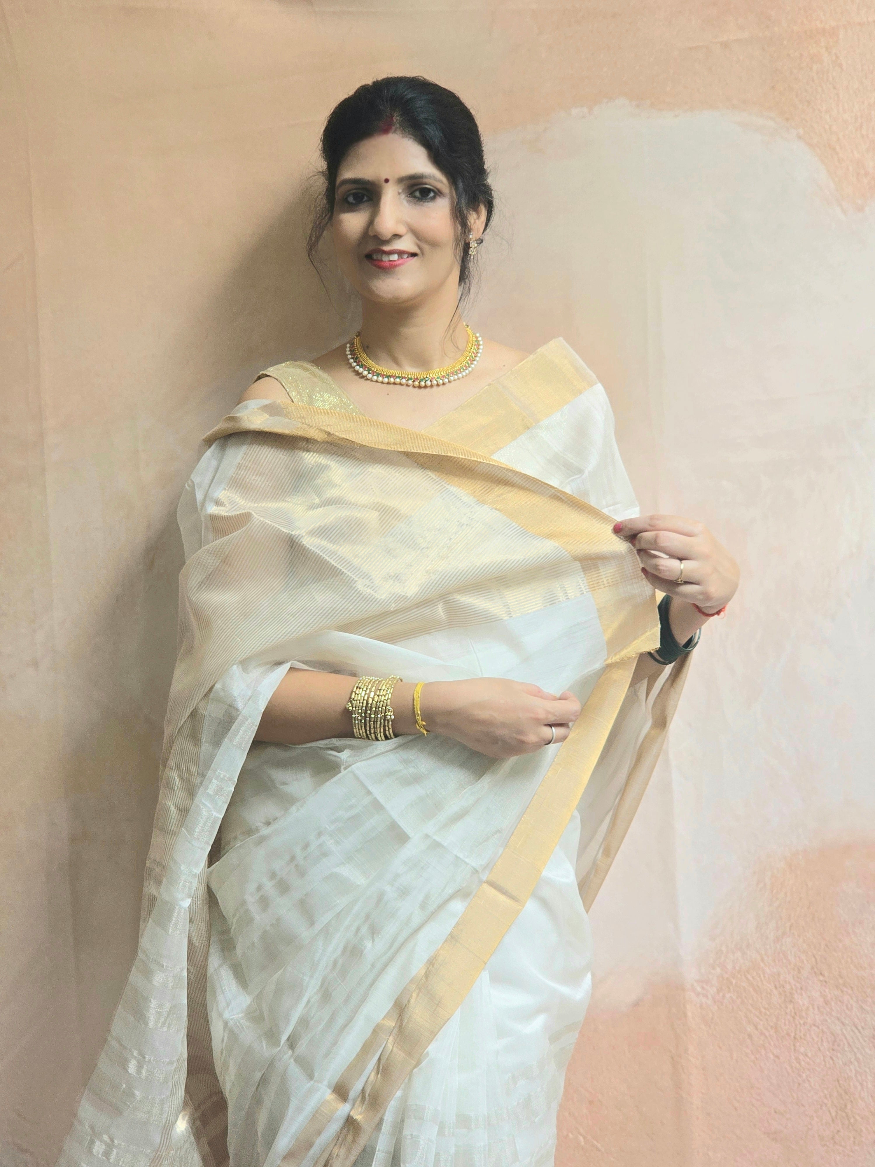 Pure handwoven Chanderi silver zari stripes white