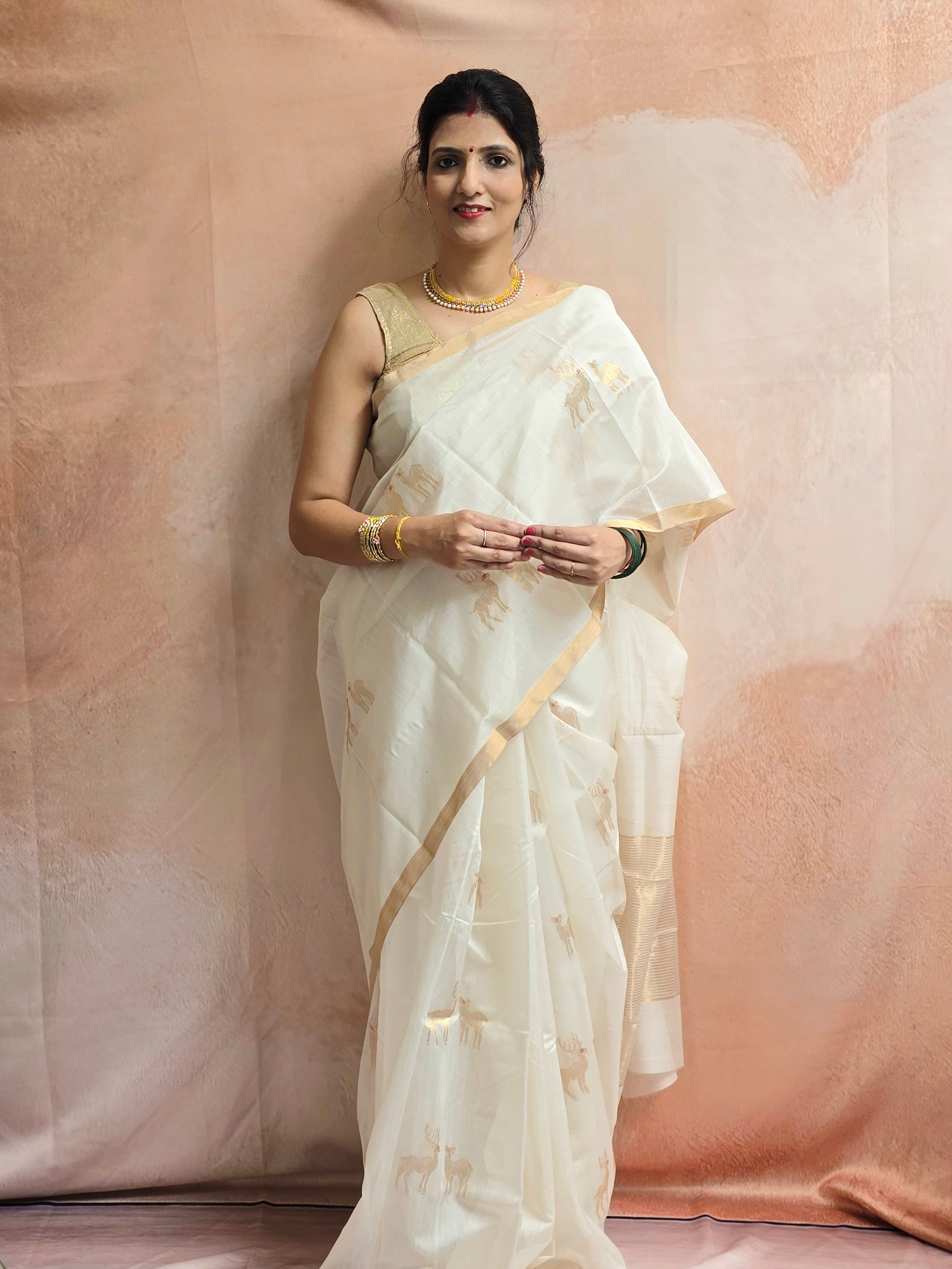 Pure Handwoven Chanderi Deer Motifs Saree