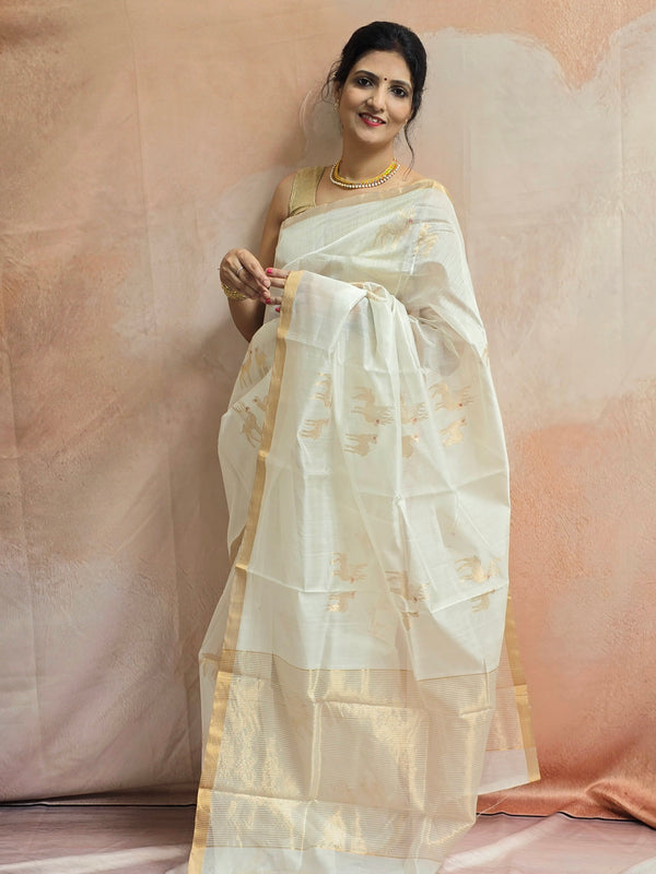 Pure Handwoven Chanderi Deer Motifs Saree