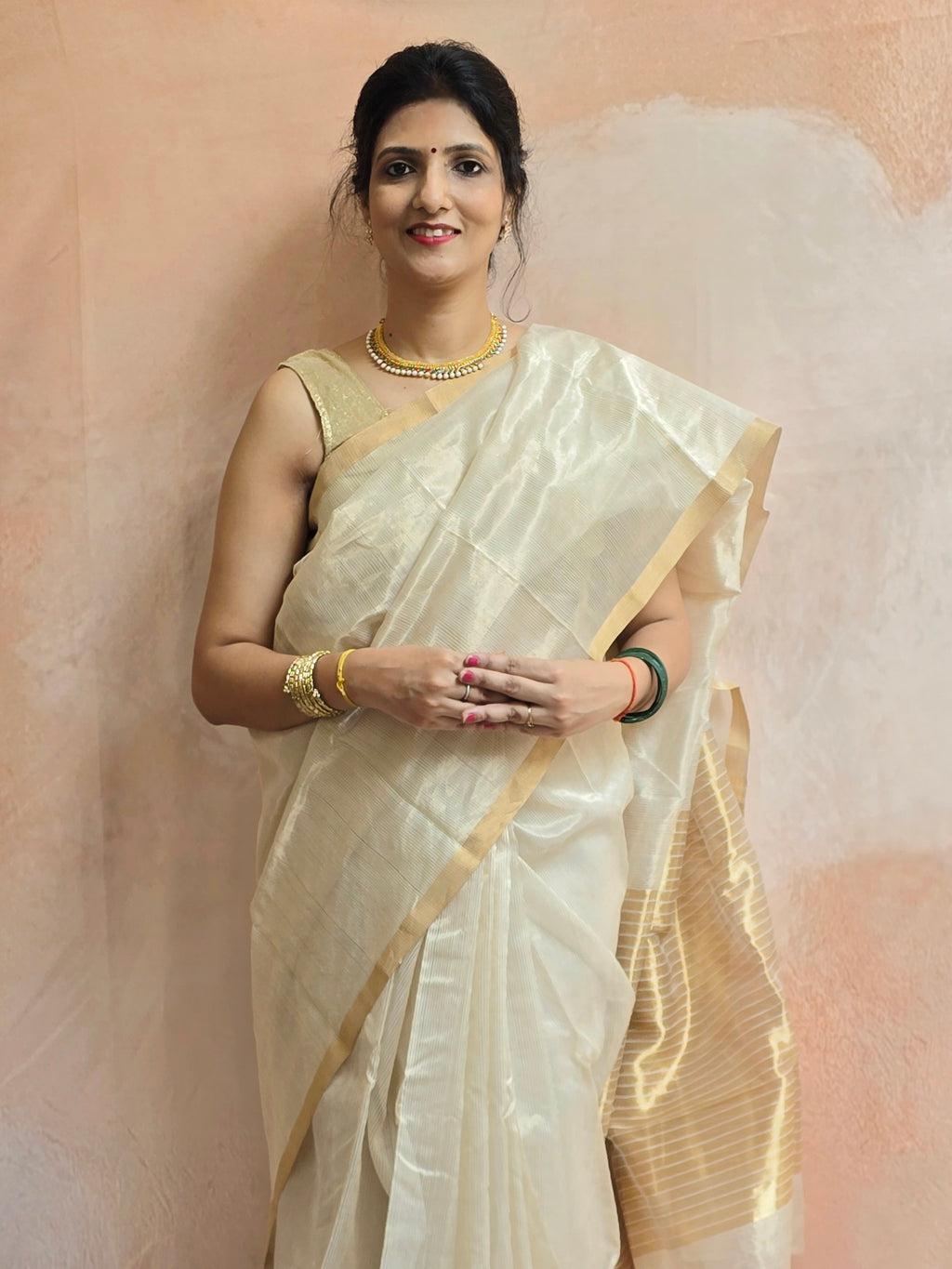 Pure Handwoven Chanderi Zari Stripes Saree - Beige