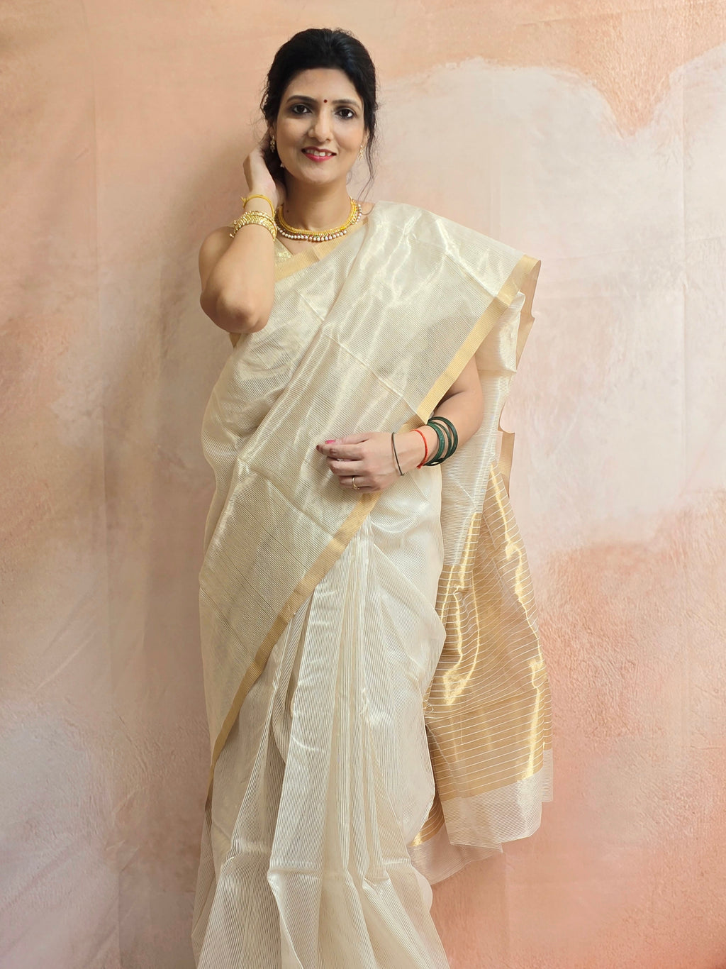 Pure Handwoven Chanderi Zari Stripes Saree - Beige