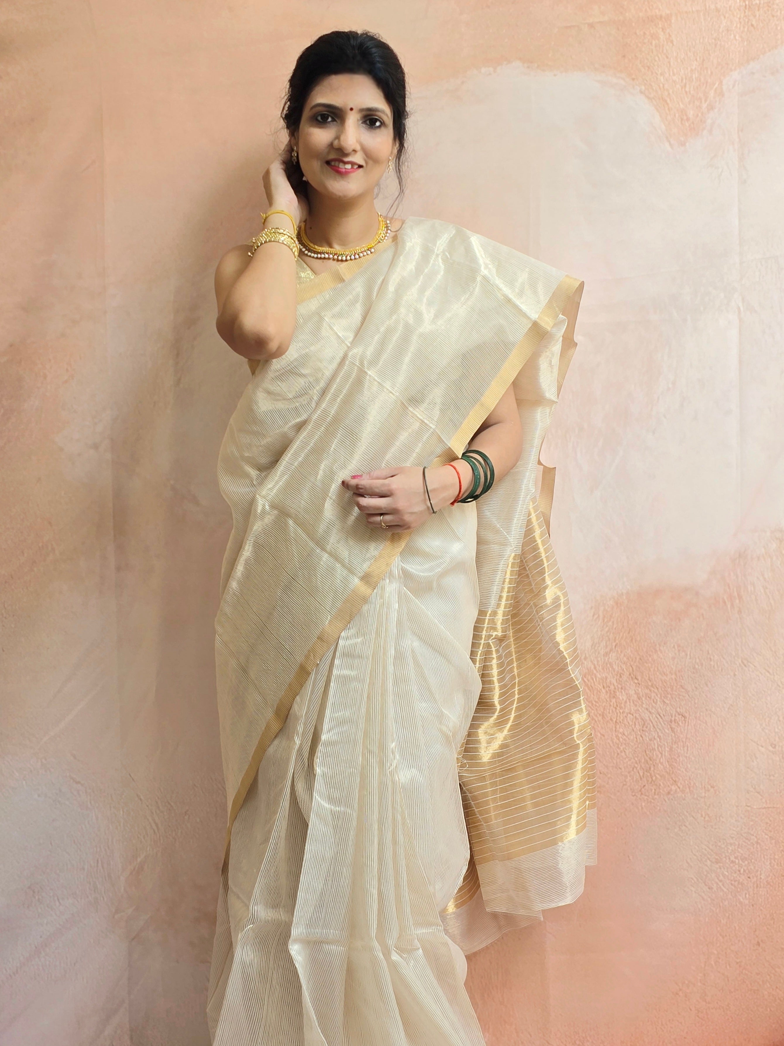 Pure Handwoven Chanderi Zari Stripes Saree - Beige