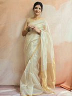 Pure Handwoven Chanderi Zari Stripes Saree - Beige