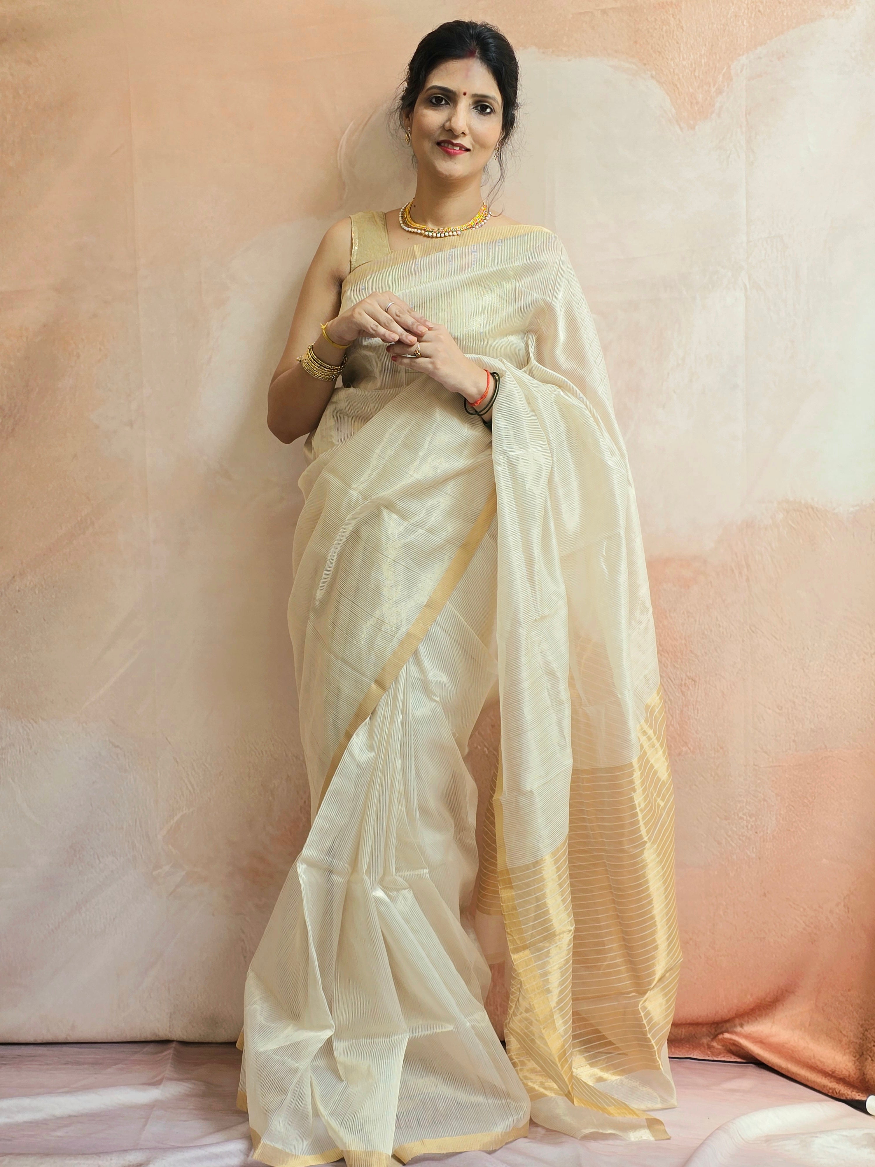 Pure Handwoven Chanderi Zari Stripes Saree - Beige