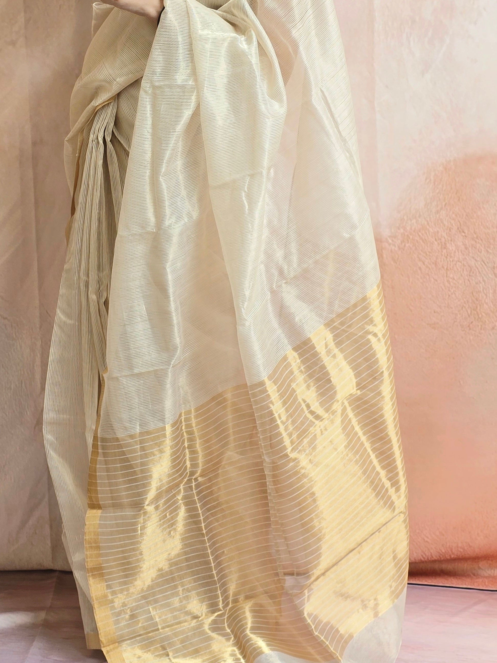 Pure Handwoven Chanderi Zari Stripes Saree - Beige