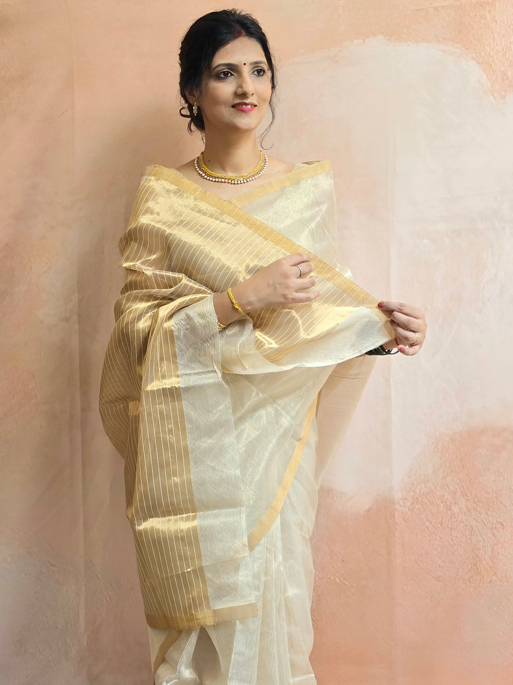 Pure Handwoven Chanderi Zari Stripes Saree - Beige