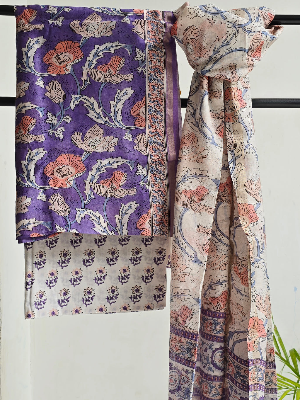 Handblock Printed Chanderi Dress Material Set - Purple