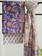 Handblock Printed Chanderi Dress Material Set - Purple