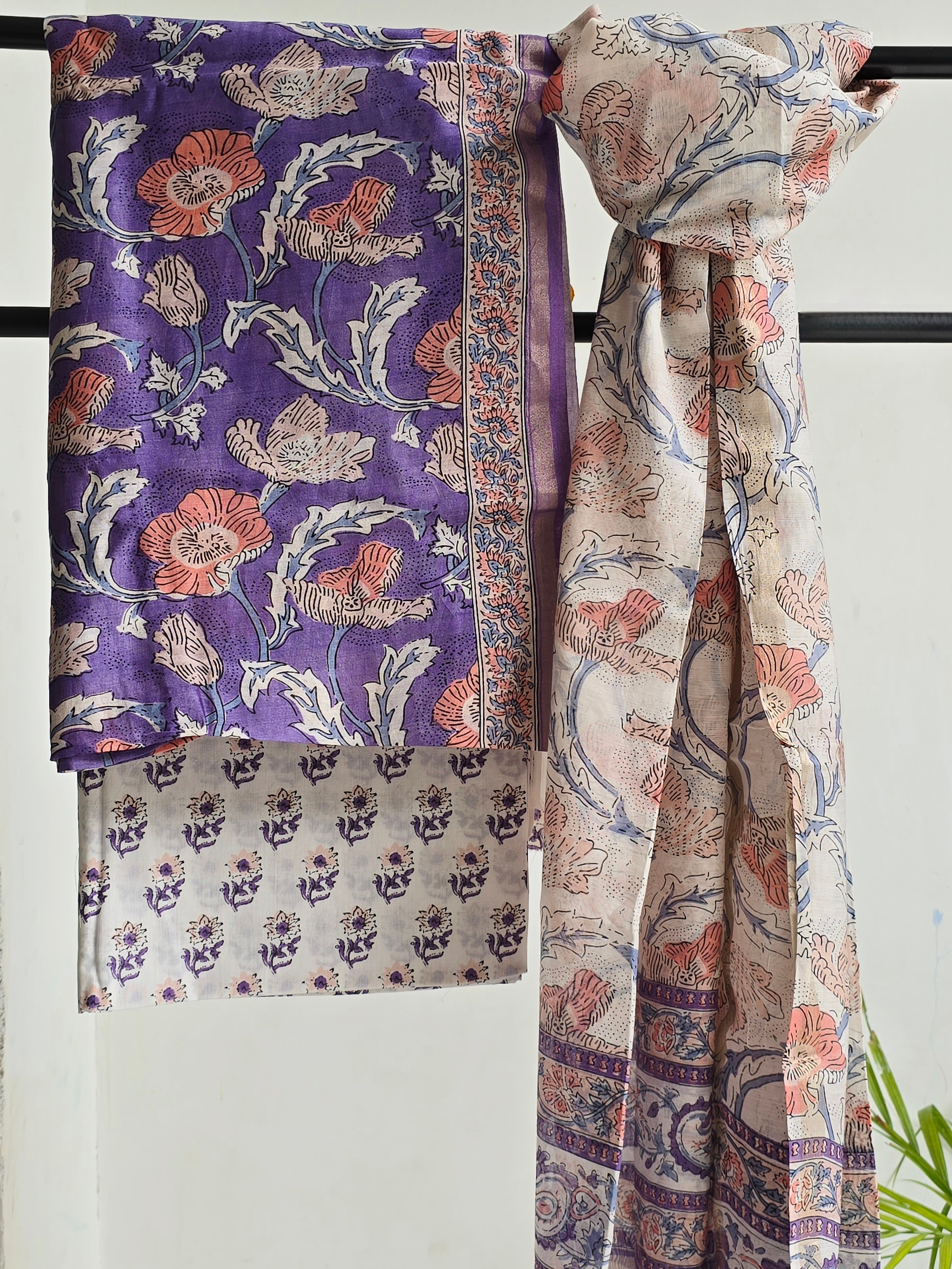 Handblock Printed Chanderi Dress Material Set - Purple