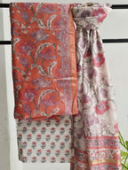 Handblock Printed Chanderi Dress Material Set - Peach