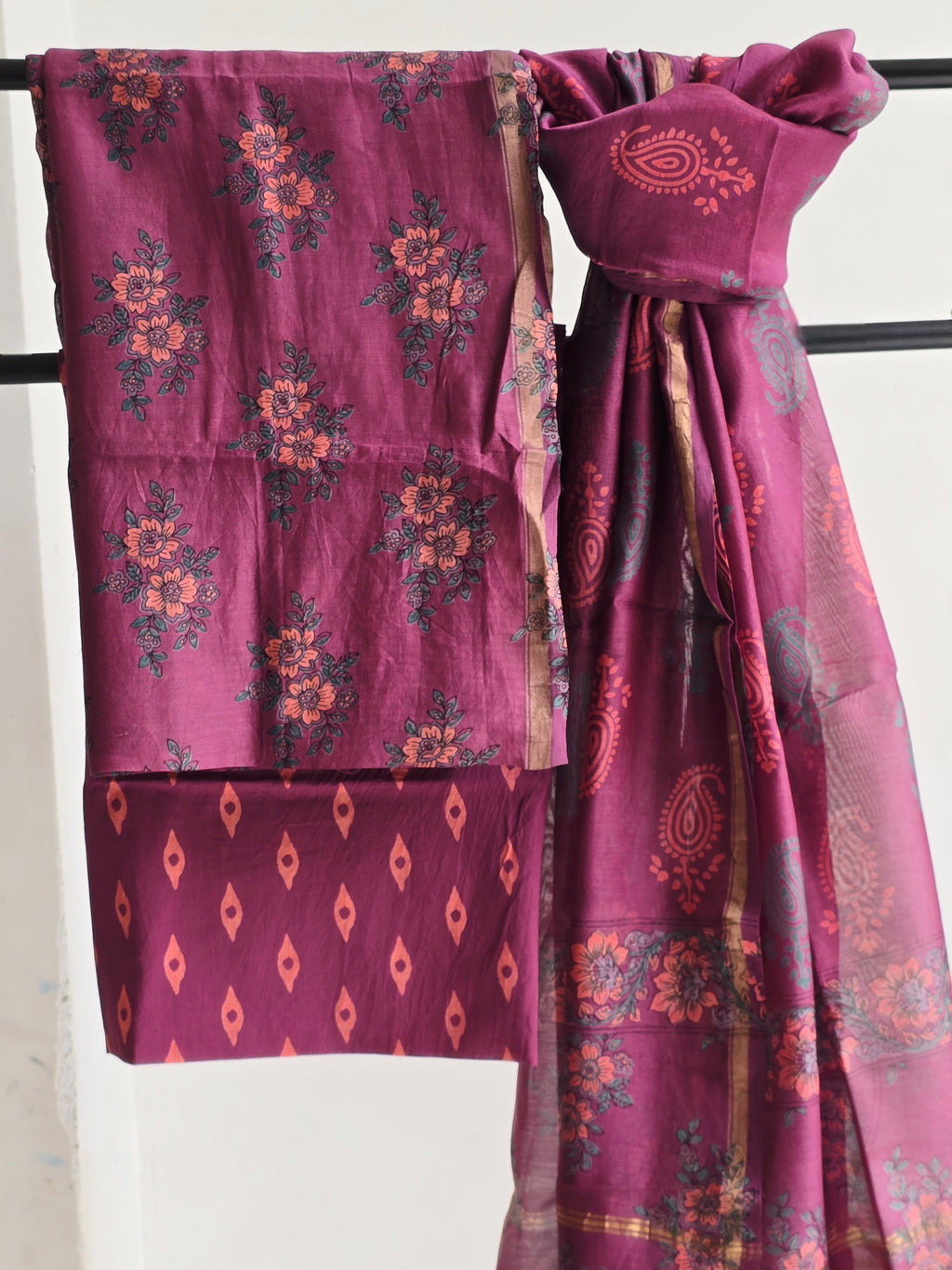 Handblock Printed Chanderi Dress Material Set - Magenta