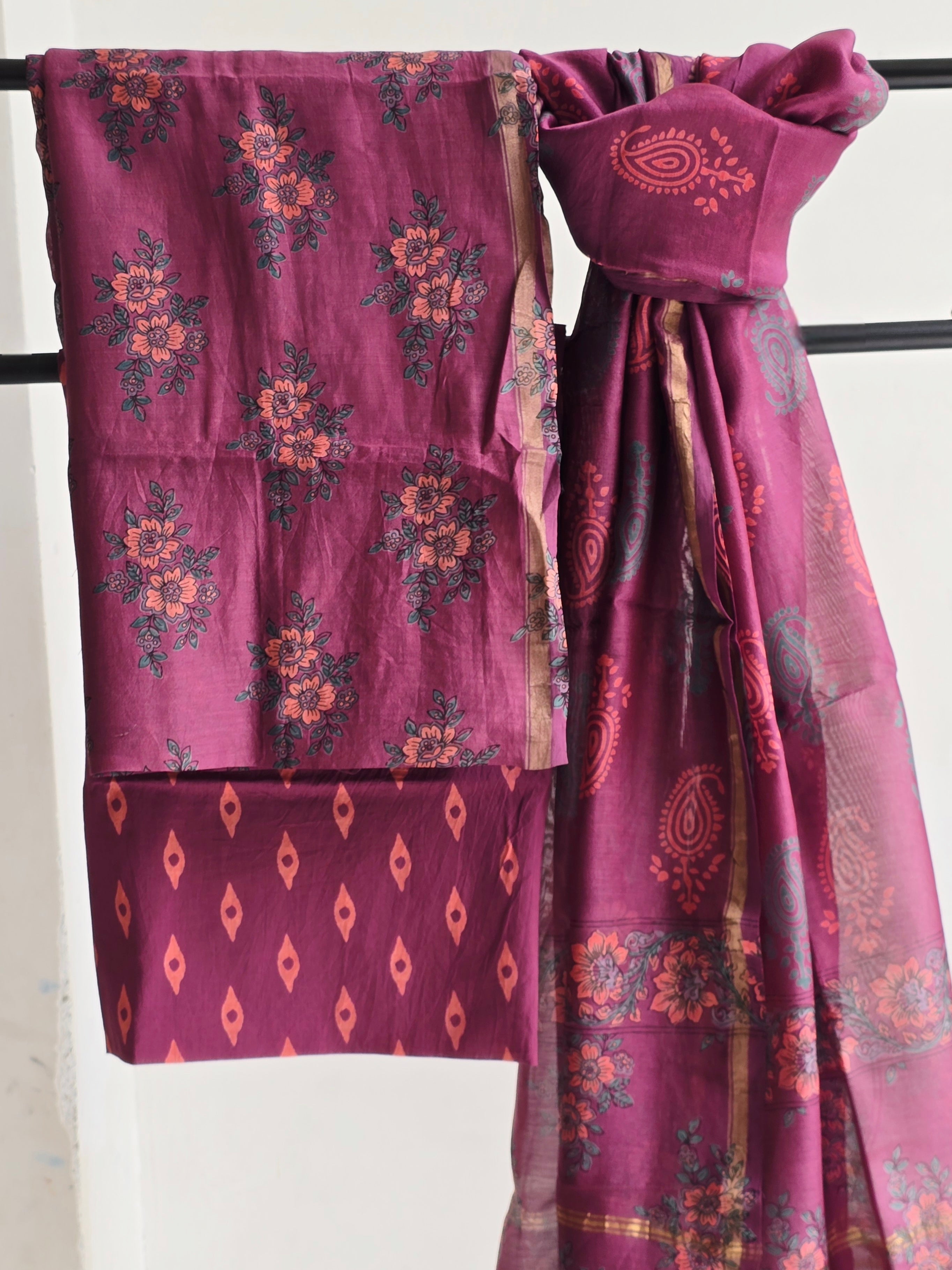 Handblock Printed Chanderi Dress Material Set - Magenta