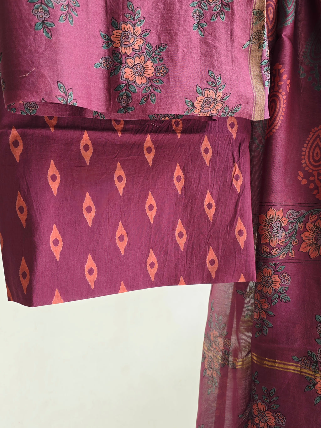 Handblock Printed Chanderi Dress Material Set - Magenta