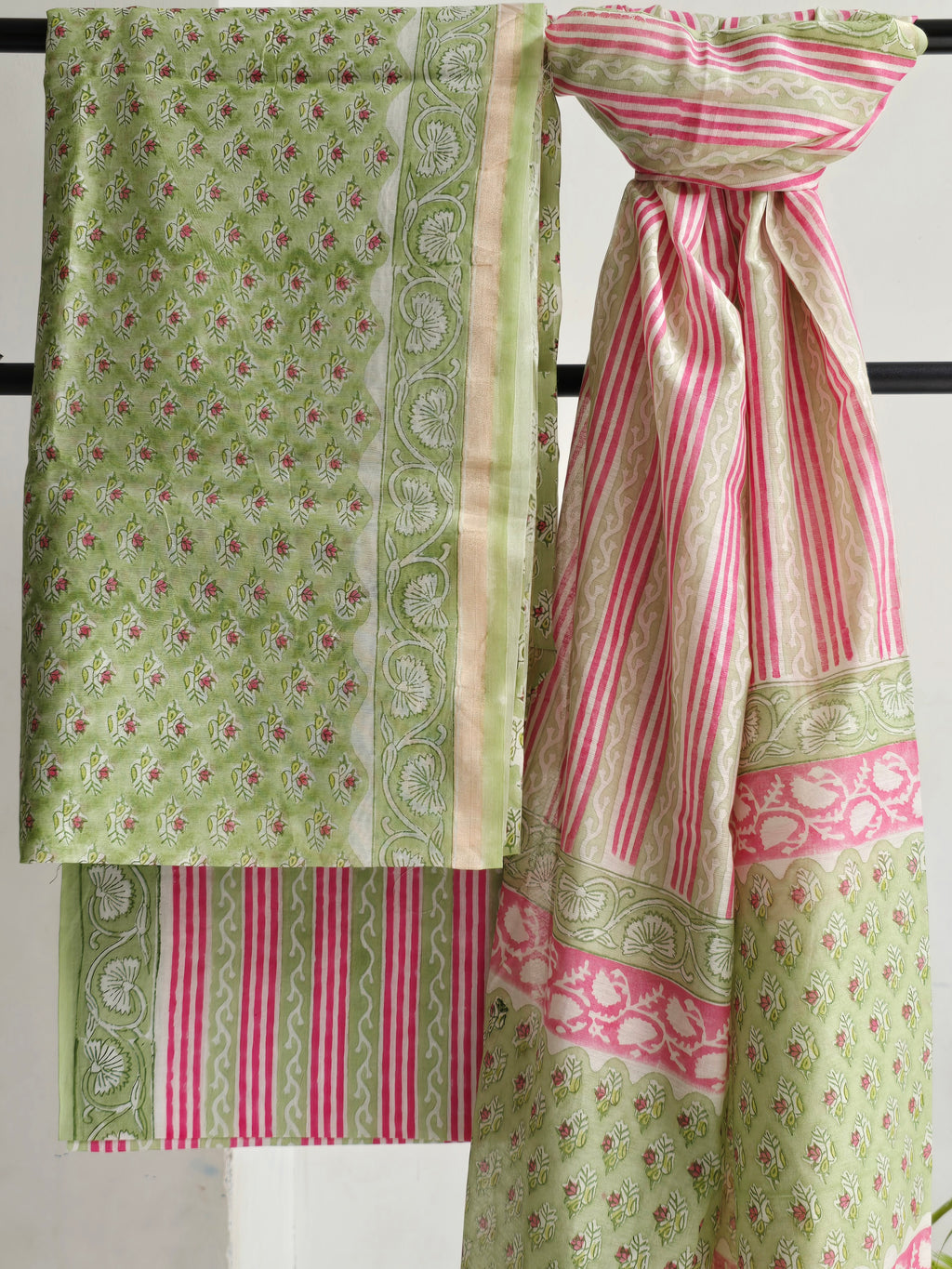 Handblock Printed Chanderi Dress Material Set - Green
