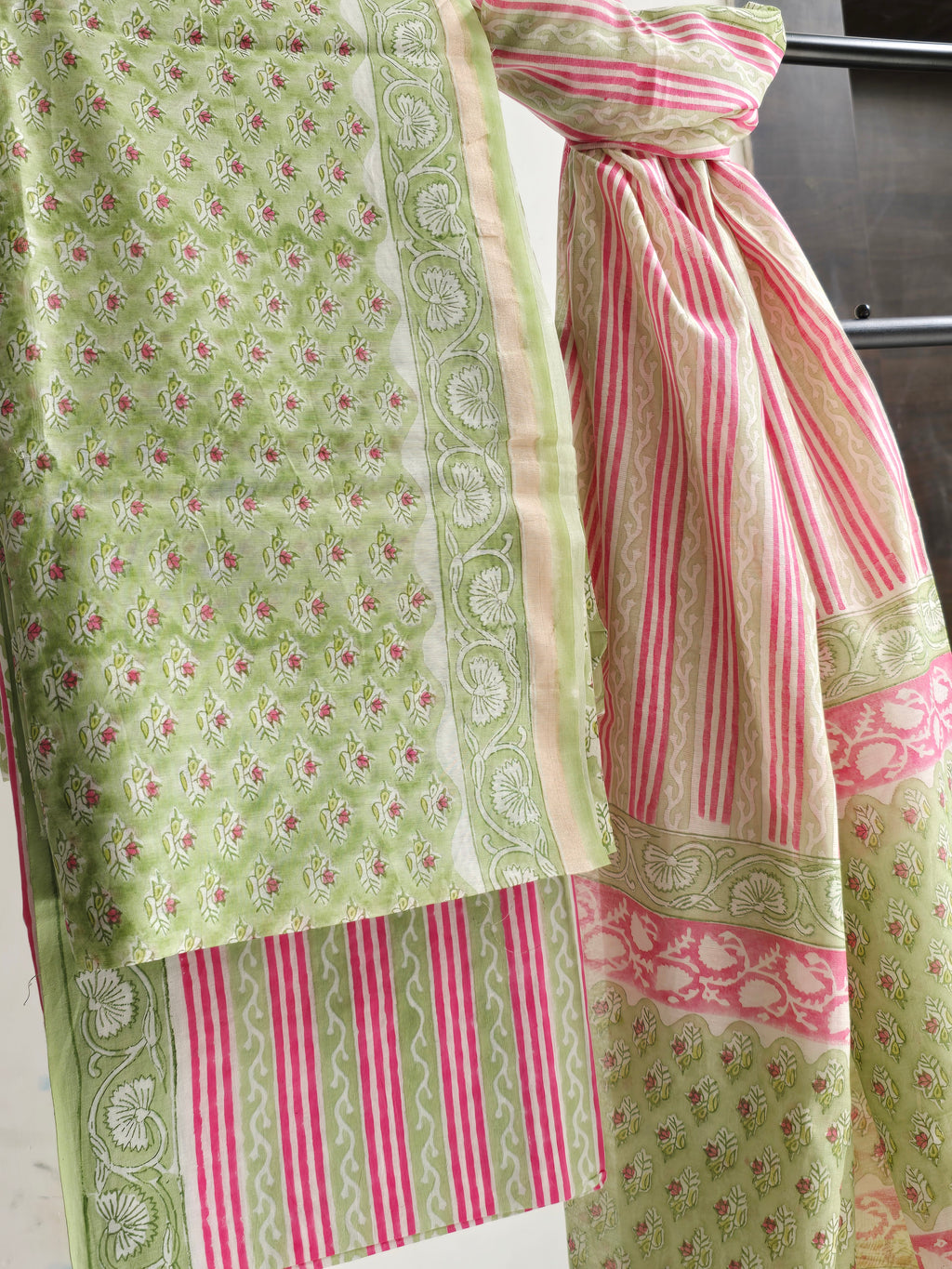 Handblock Printed Chanderi Dress Material Set - Green