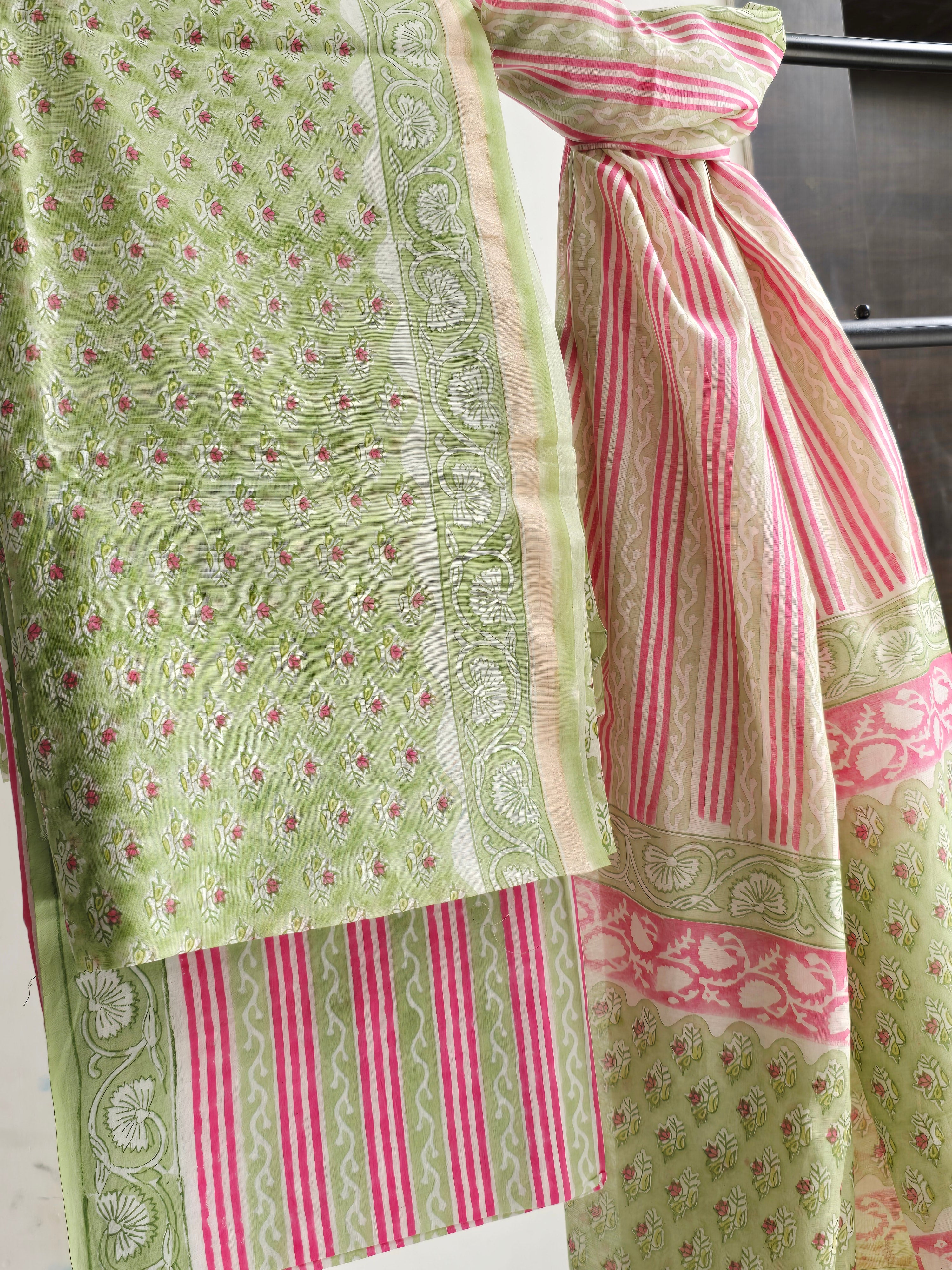 Handblock Printed Chanderi Dress Material Set - Green