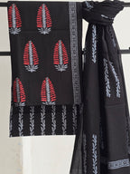 Handblock Printed Mul Cotton Dress Material Set - Black Leaf Motif