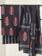 Handblock Printed Mul Cotton Dress Material Set - Black Leaf Motif