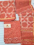 Handblock Printed Chanderi Dress Material Set - Orange
