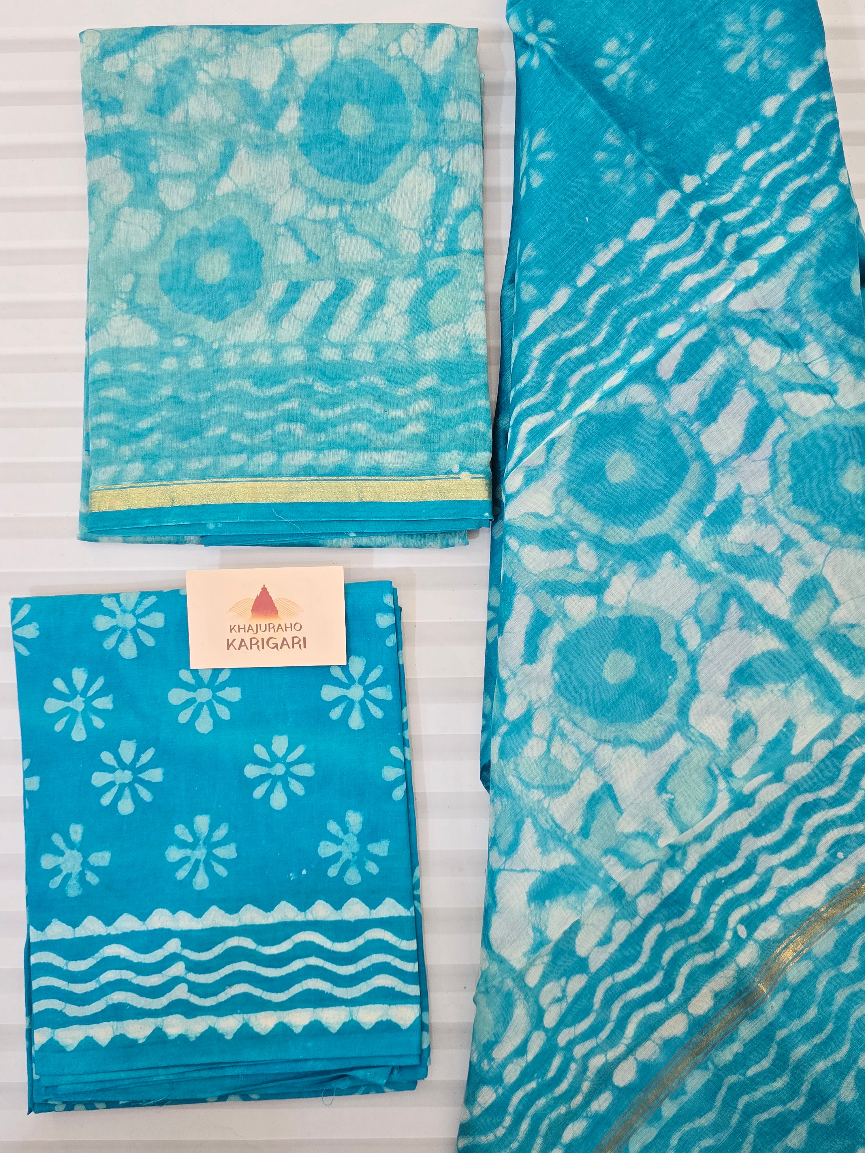 Handblock Printed Chanderi Dress Material Set - Blue