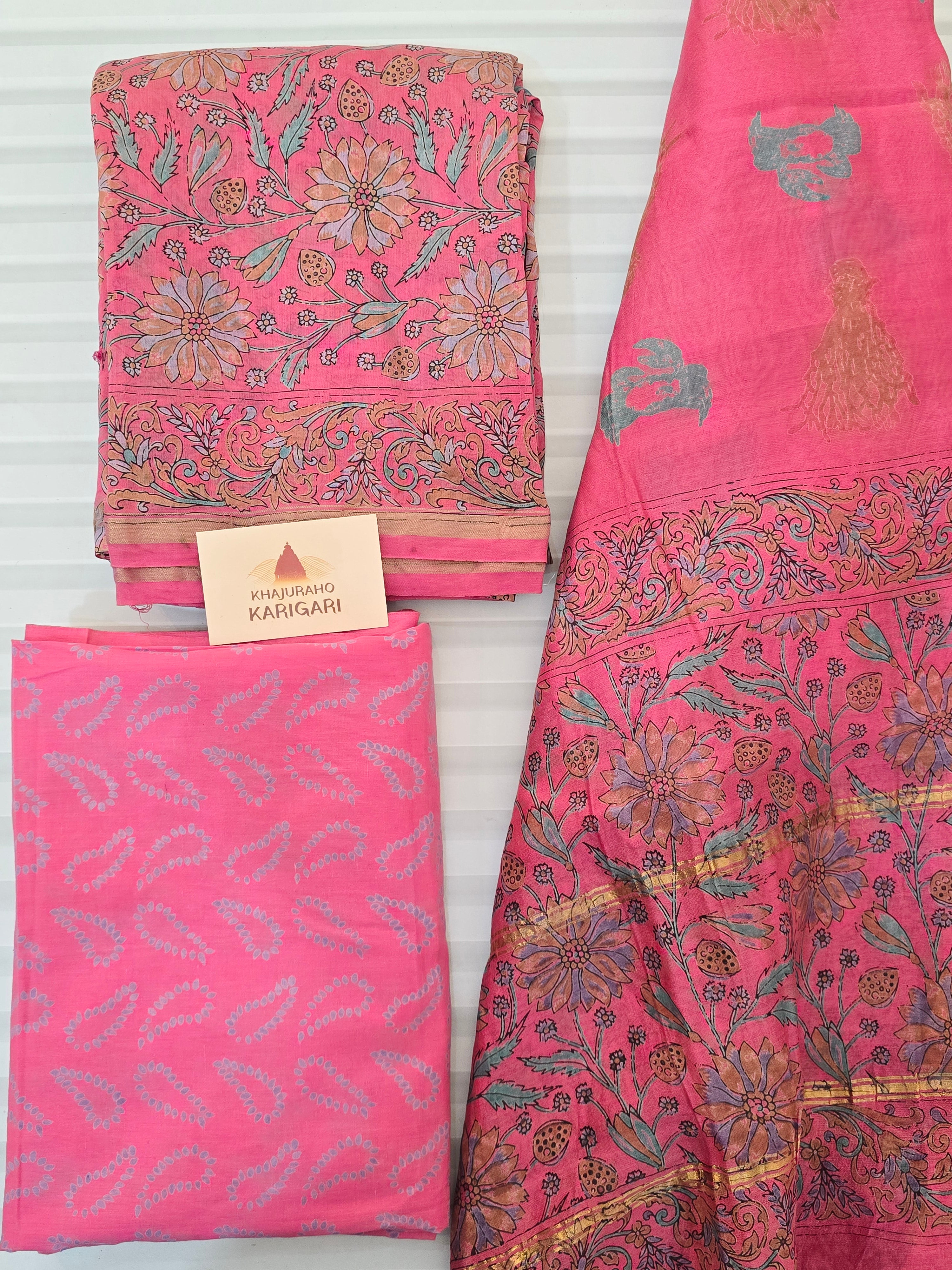 Handblock Printed Chanderi Dress Material Set - Dark Pink