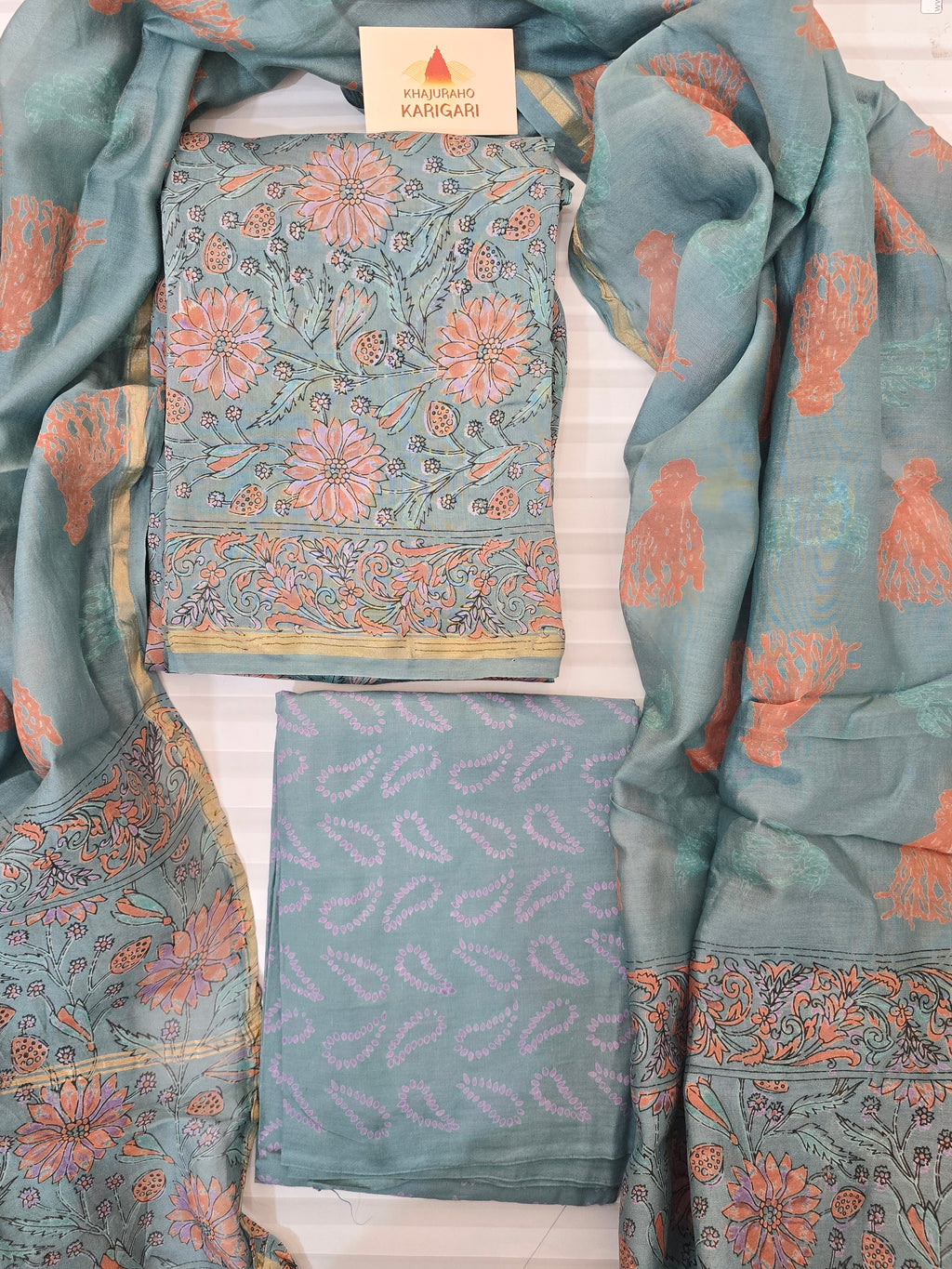 Handblock Printed Chanderi Dress Material Set - Green