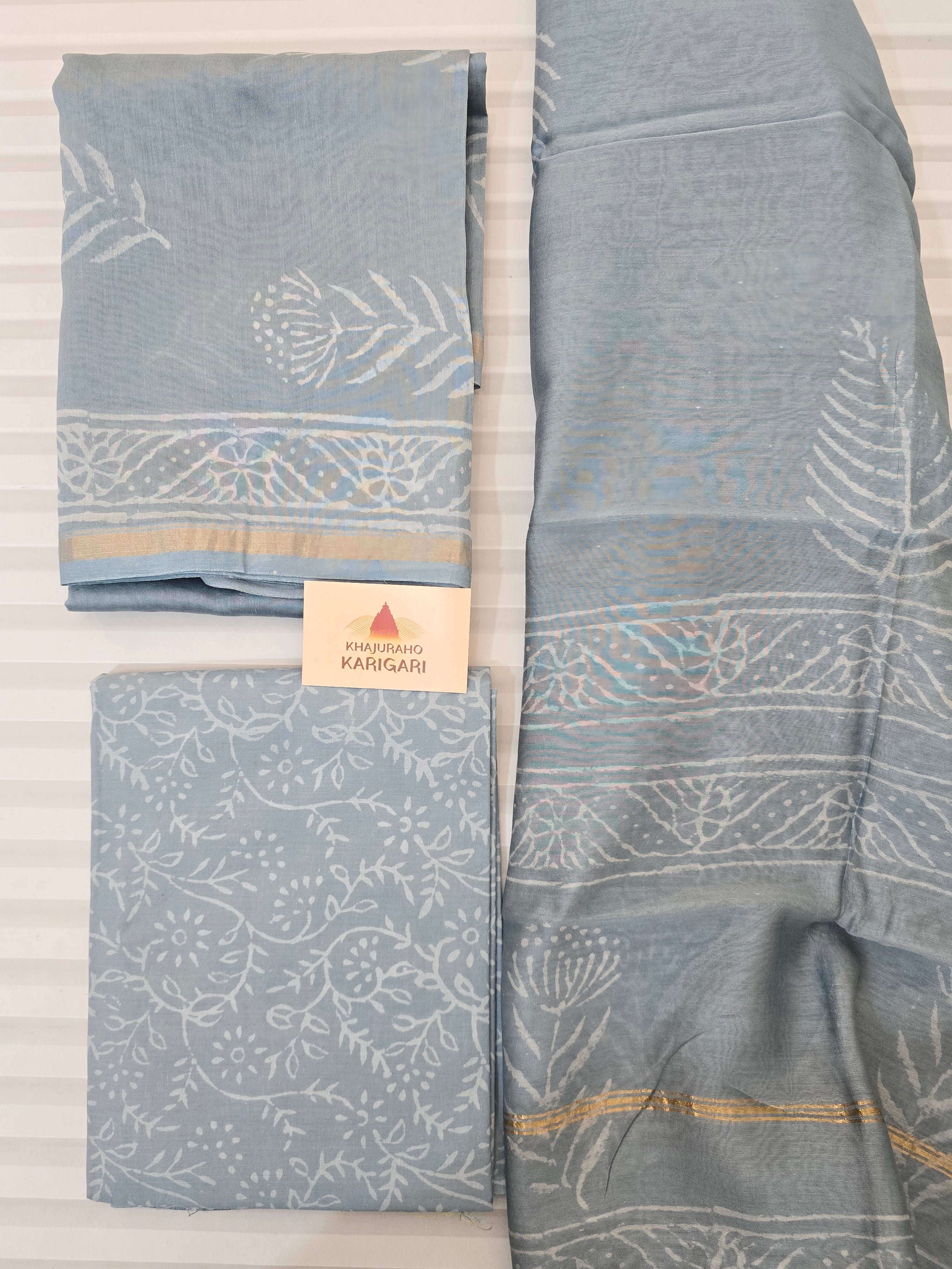 Handblock Printed Chanderi Dress Material Set - Gray