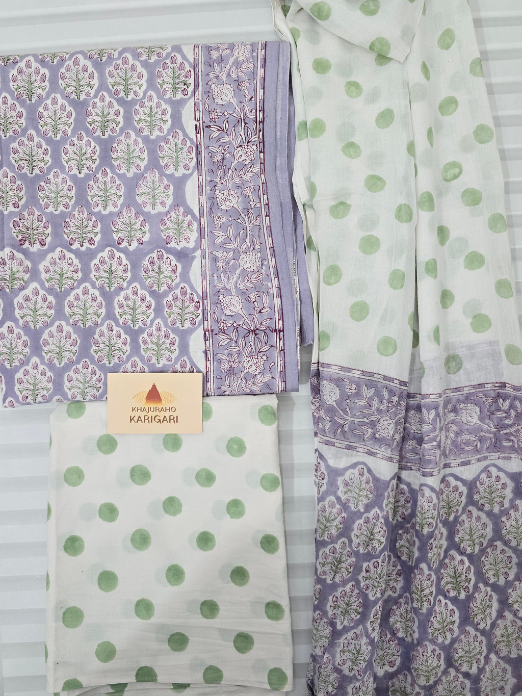Handblock Printed Mul Cotton Dress Material Set - Lavender White