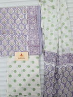 Handblock Printed Mul Cotton Dress Material Set - Lavender White