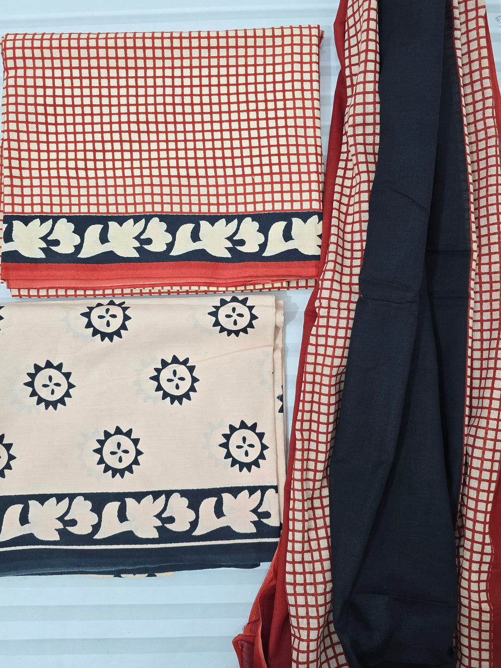 Handblock Printed Mul Cotton Dress Material Set - Red Checks