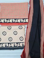 Handblock Printed Mul Cotton Dress Material Set - Red Checks